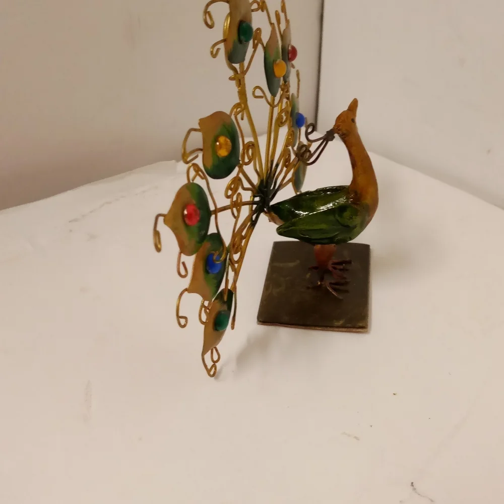Vintage 2 Peacocks Metal Figurines Enamel Exotic, Rhinestones Safari